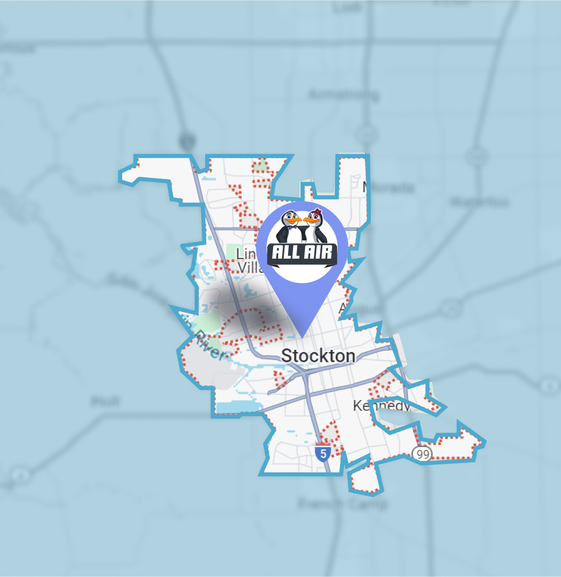 Map highlighting Stockton, CA, with a prominent All Air Heating and Air Conditioning logo marker pinpointing the location.
